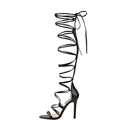 LISHAN Women's Knee High Open Toe Criss Cross Stiletto Heels Sandals
