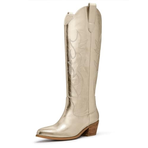Ouepiano Women's Knee High Embroidered Cowboy Boots — Metallic Gold