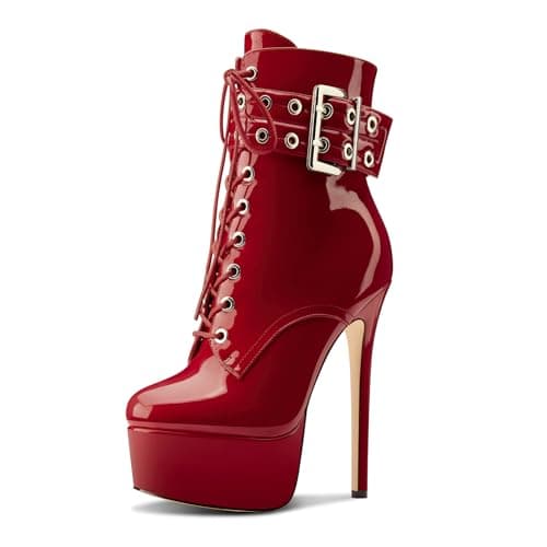 Womens Aachcol Stiletto Heel Platform Ankle Boots Patent Leather Zipper Buckle — Burgundy Red