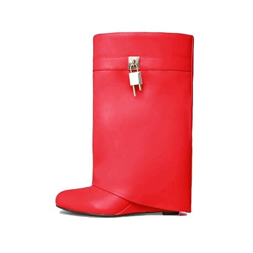 Black Heeled PadLock Pant Knee High Boots - Fold Over Wedge Booties — Short Red