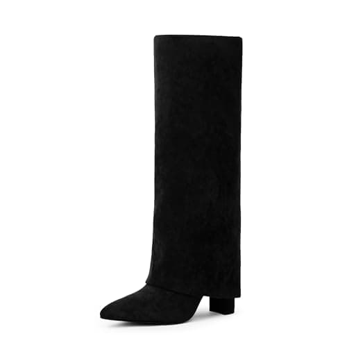 Modatope Chunky Heel Knee High Zipper Boots for Women — Black Suede