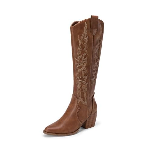 Dream Pairs Women's Comfortable Cowboy Boots - Embroidered Pointed Toe Zipper Heel — Light Brown