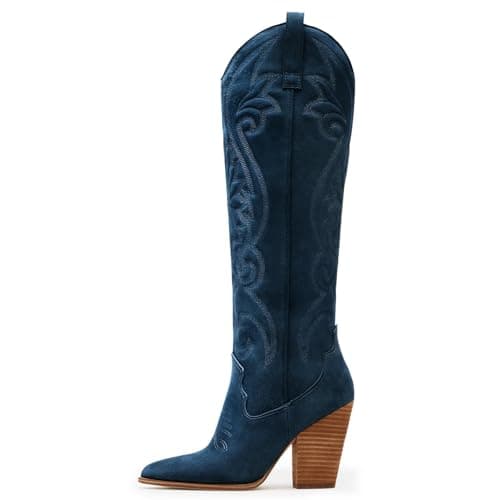 WIRALOMI Women's Embroidered Knee High Cowboy Boots with Chunky Heel — Faux Suede Navy
