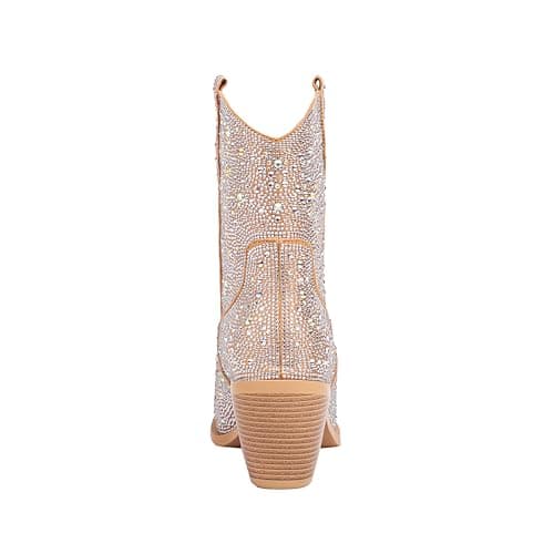 Vivianly Women's Mid-Calf Glitter Rhinestone Cowboy Boots