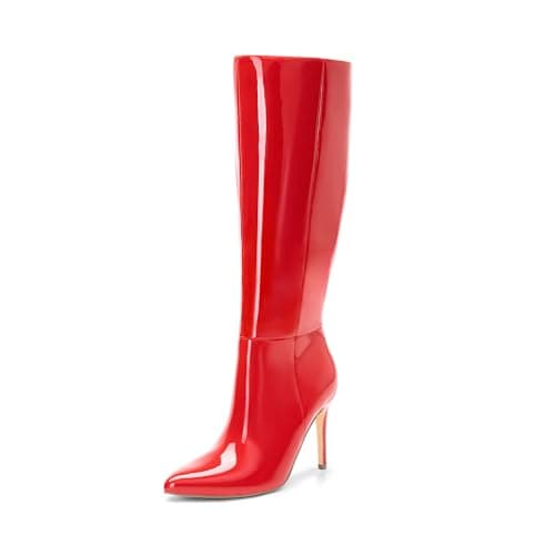Dream Pairs Women's Pointed Stiletto Boots: Fashion & Classic Knee-High Heels — Red-pat