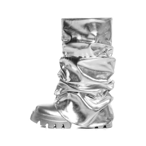 Sexytag Women's Metallic Slouchy Foldover Platform Round Toe Boots — Silver-mid Calf