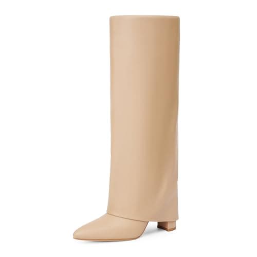 Modatope Chunky Heel Knee High Zipper Boots for Women — Nude Pu