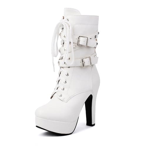 ForeMode Women's Gothic Leather Ankle Boots with Studded Strap — Whites-6