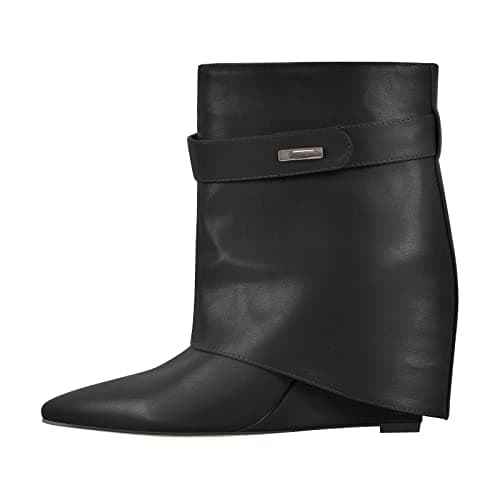 Richealnana Women's Fold Over High Heel Knee High Boots — Black Short