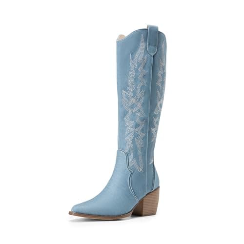 Womens Cowboy Boots - Comfortable, Chunky Heel, Pointed Toe, Embroidered Western Cowgirl Knee High Boots — Denim Blue