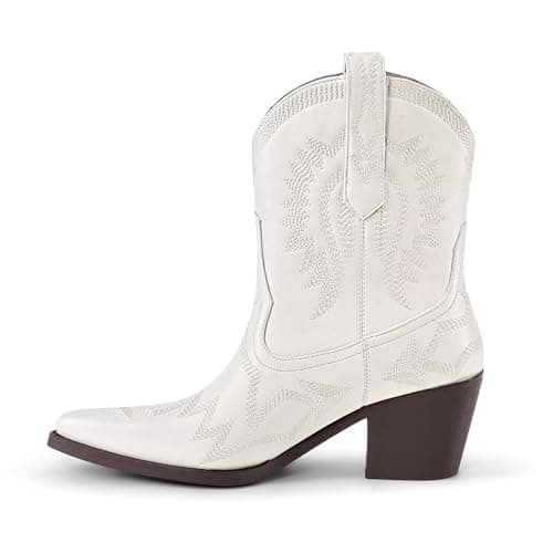 Western Metallic Embroidered Boots for Women - HOCHFART Wide Calf Heel Pull-OnCowgirl — White