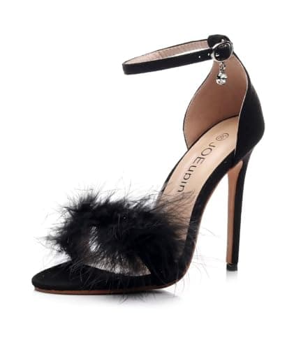 JOEupin Women's Fluffy Marabou Heel Strappy Sandals with Fur — Black