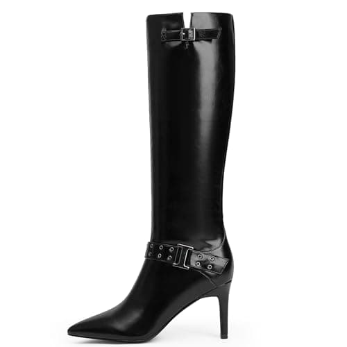Modatope Women's Knee High Stiletto Heel Zipper Boot — Metallic Buckle-black