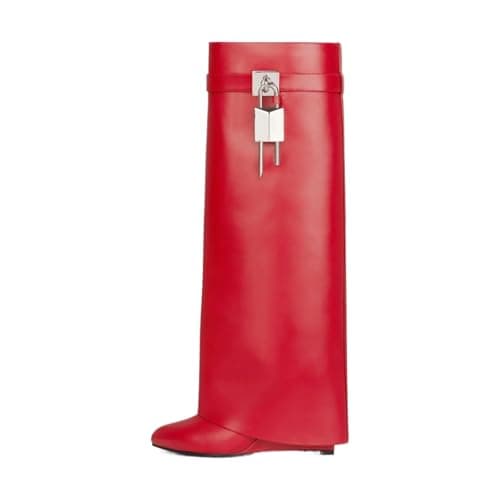 Black Heeled PadLock Pant Knee High Boots - Fold Over Wedge Booties — Red