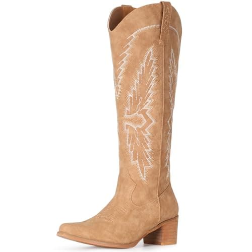 IUV Women's Knee High Western Pointy Toe Cowgirl Boots Chunky Heel Zipper
