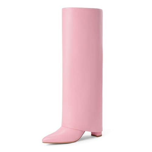 Modatope Chunky Heel Knee High Zipper Boots for Women — Pink Pu