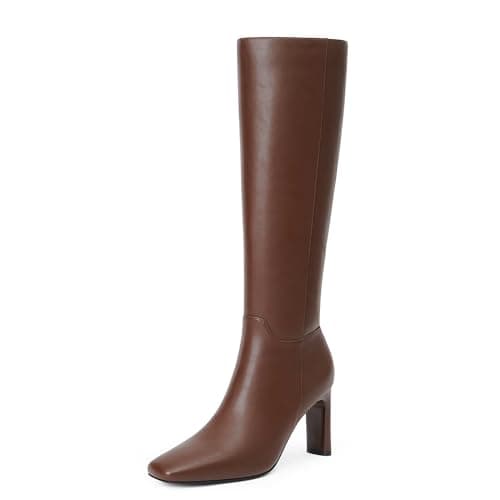 Modatope Women's Knee High Square Toe Chunky Heel Boot — Brown Pu
