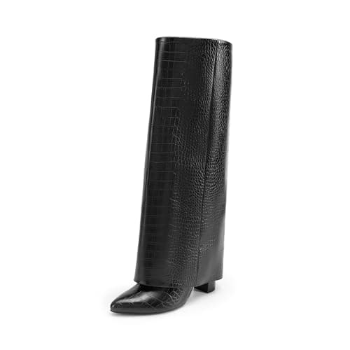 Dream Pairs Women's Knee High Zipper Pointed Toe Chunky Heel Long Boots — Black-croco