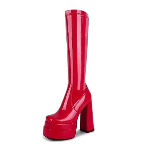 Wetkiss Chunky Heel Stretch Knee High Boots for Women — Patent Red