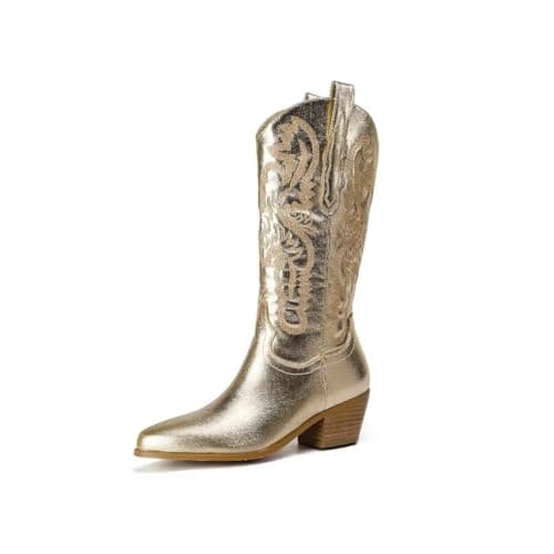 Vintage Gold Embroidered Western Cowgirl Boots — Gold