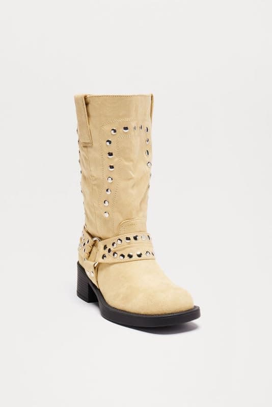 Richealnana Women's Studded Faux Suede Moto Boots