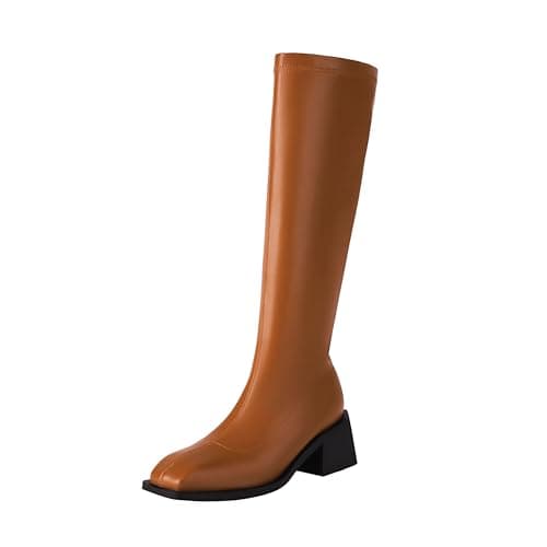 Vivianly Women's Knee High Chunky Heel Zip Boots — Brown-1.77in Heel