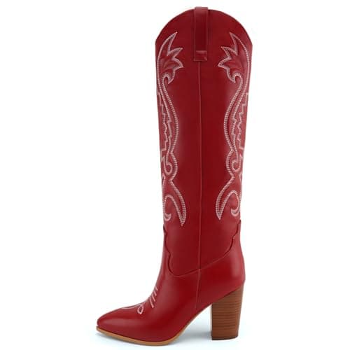 WIRALOMI Women's Embroidered Knee High Cowboy Boots with Chunky Heel — Red