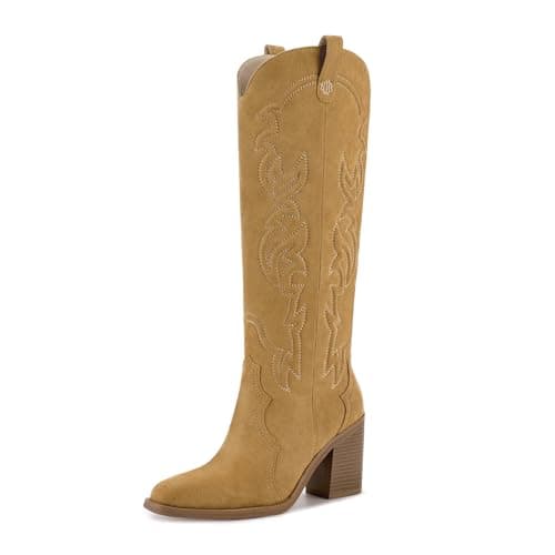 Wetkiss Women's Embroidered Knee High Cowboy Boots with Chunky Heel — Suede Brown/Knee High