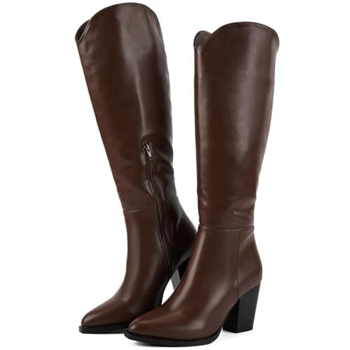 Putu Women's Knee High Faux Leather Pointed Toe Western Heel Boots — Dark Brown