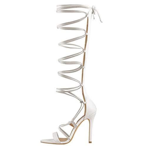 LISHAN Women's Knee High Open Toe Criss Cross Stiletto Heels Sandals — White
