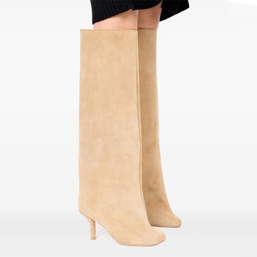 VOMIRA Women's Narrow Calf Nude Suede Knee High Stiletto Boot