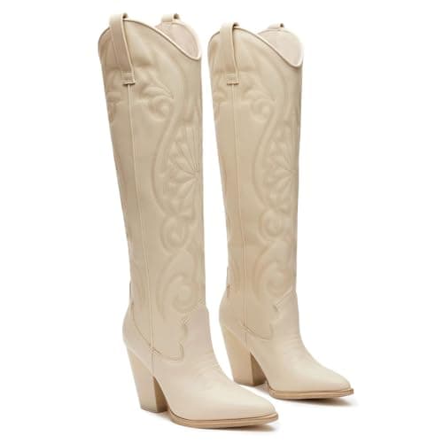 WIRALOMI Women's Embroidered Knee High Cowboy Boots with Pointed Toe