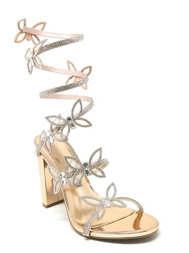 Wild Diva Women's Morris-581 Rhinestone Butterfly Detail Chunk Heel — Rose Gold Pu