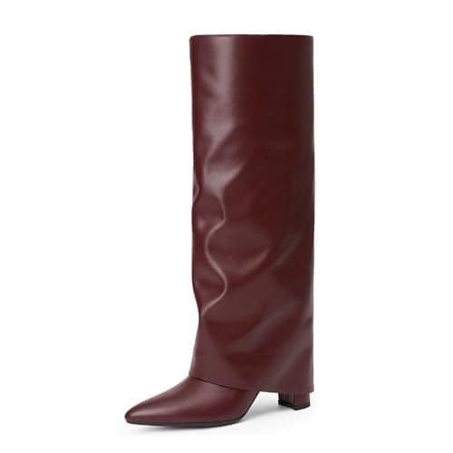 Modatope Chunky Heel Knee High Zipper Boots for Women — Burgundy Pu