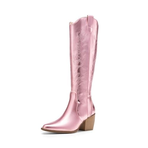 Womens Cowboy Boots - Comfortable, Chunky Heel, Pointed Toe, Embroidered Western Cowgirl Knee High Boots — Metallic Pink