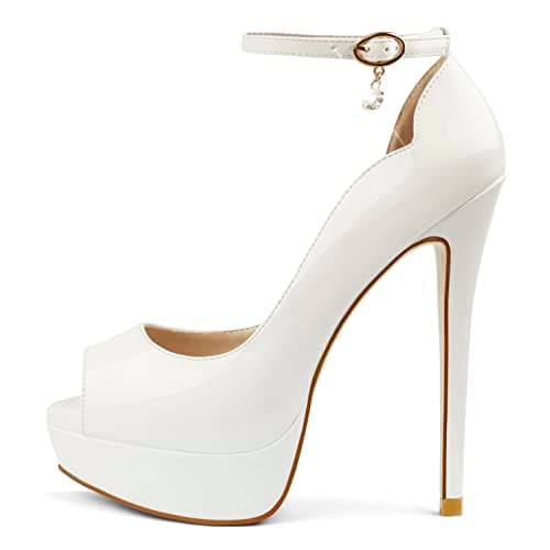 MERUMOTE Women's 6 Inch Stiletto Heels Peep Toe Pumps for Dress & Wedding Party — White With Pendant