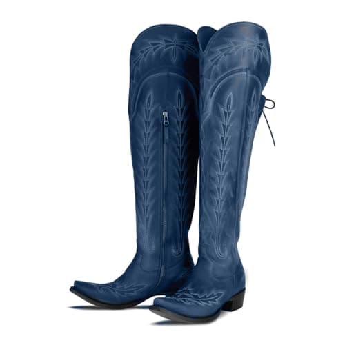 Atuelang Thigh High Western Embroidered Cowgirl Boots — Navy Blue