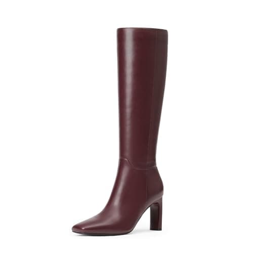 Modatope Women's Knee High Square Toe Chunky Heel Boot — Burgundy