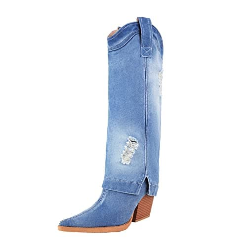 Reitoye Women's Embroidered Western Knee High Boot with Pull-Up Tabs — Denim Blue Foldover