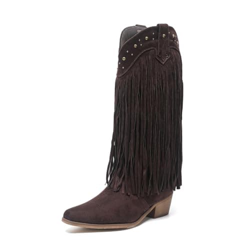 Amoji Women's Western Cowboy Knee High Boots with Zipper 307 — 307-browntassels