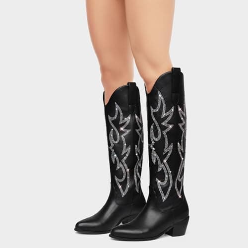 Ouepiano Women's Knee High Embroidered Cowboy Boots