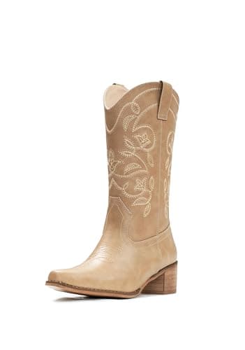 IUV Women's Pointy Toe Western Boots Mid Calf Cowgirl Boots — Apricot