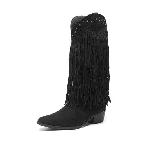 Amoji Women's Western Cowboy Knee High Boots with Zipper 307 — 307-blacktassels