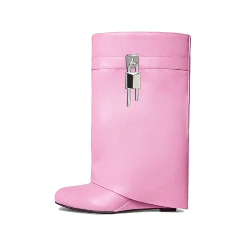 Black Heeled PadLock Pant Knee High Boots - Fold Over Wedge Booties — Short Pink