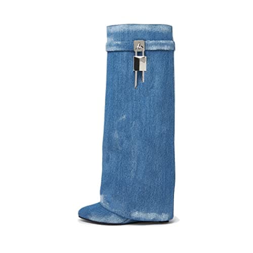 Black Heeled PadLock Pant Knee High Boots - Fold Over Wedge Booties — Denim