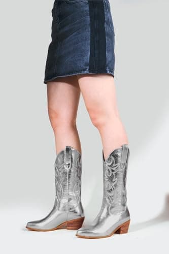 Ouepiano Women's Western Embroidered Booties, Mid Calf Pointed Toe Chunky Heel Pull-On Boots