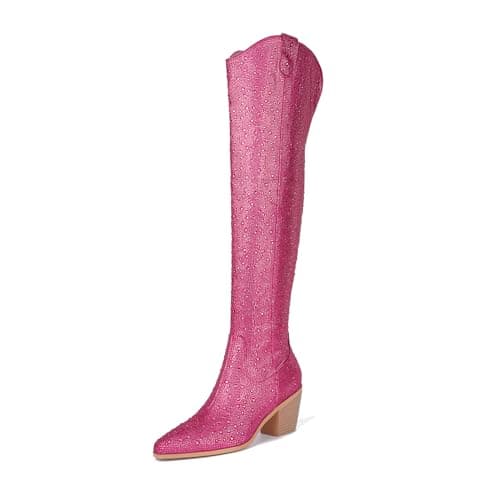 Rhinestone Over the Knee Cowboy Boots for Women — Pink