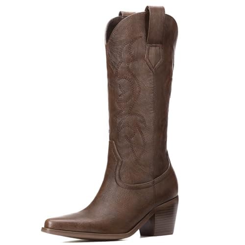 Platikly Women's Wide Calf Rhinestone Knee High western Boots with Glitter Zipper — Brown