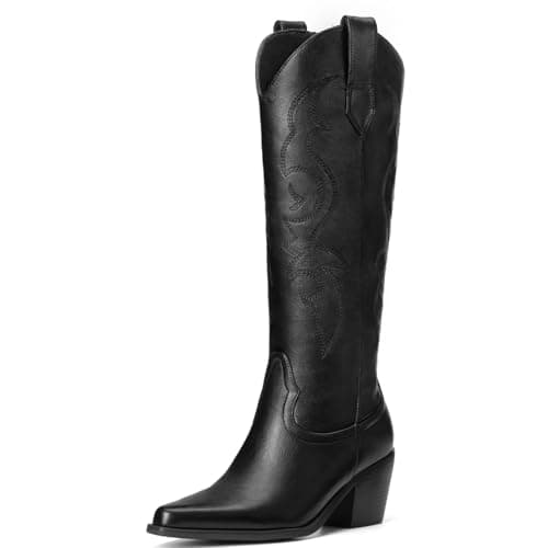 Platikly Women's Wide Calf Rhinestone Knee High western Boots with Glitter Zipper — Black