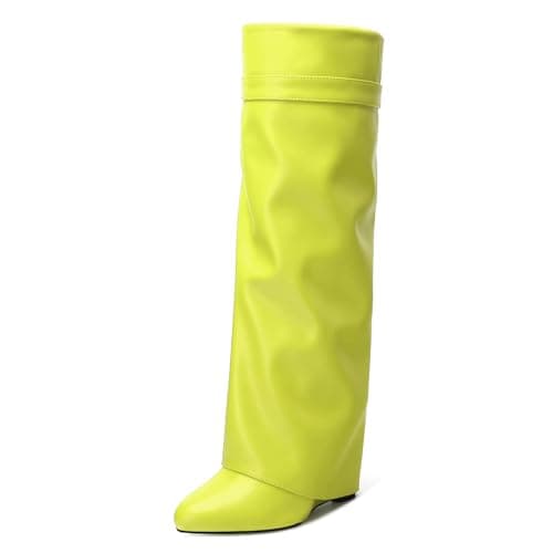 DEMOSHINE Women's Knee High Zipper Fold Over Wedge Heel Boots — Yellow